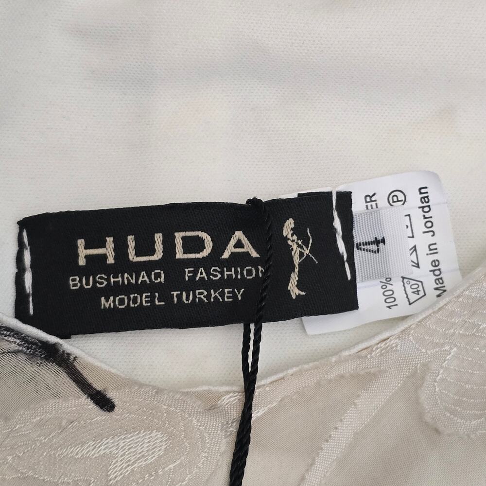 HUDA Feather Print Chiffon Maxi Dress 4 Modest Boho Tiered Beige Elegant Resort - Picture 7 of 12